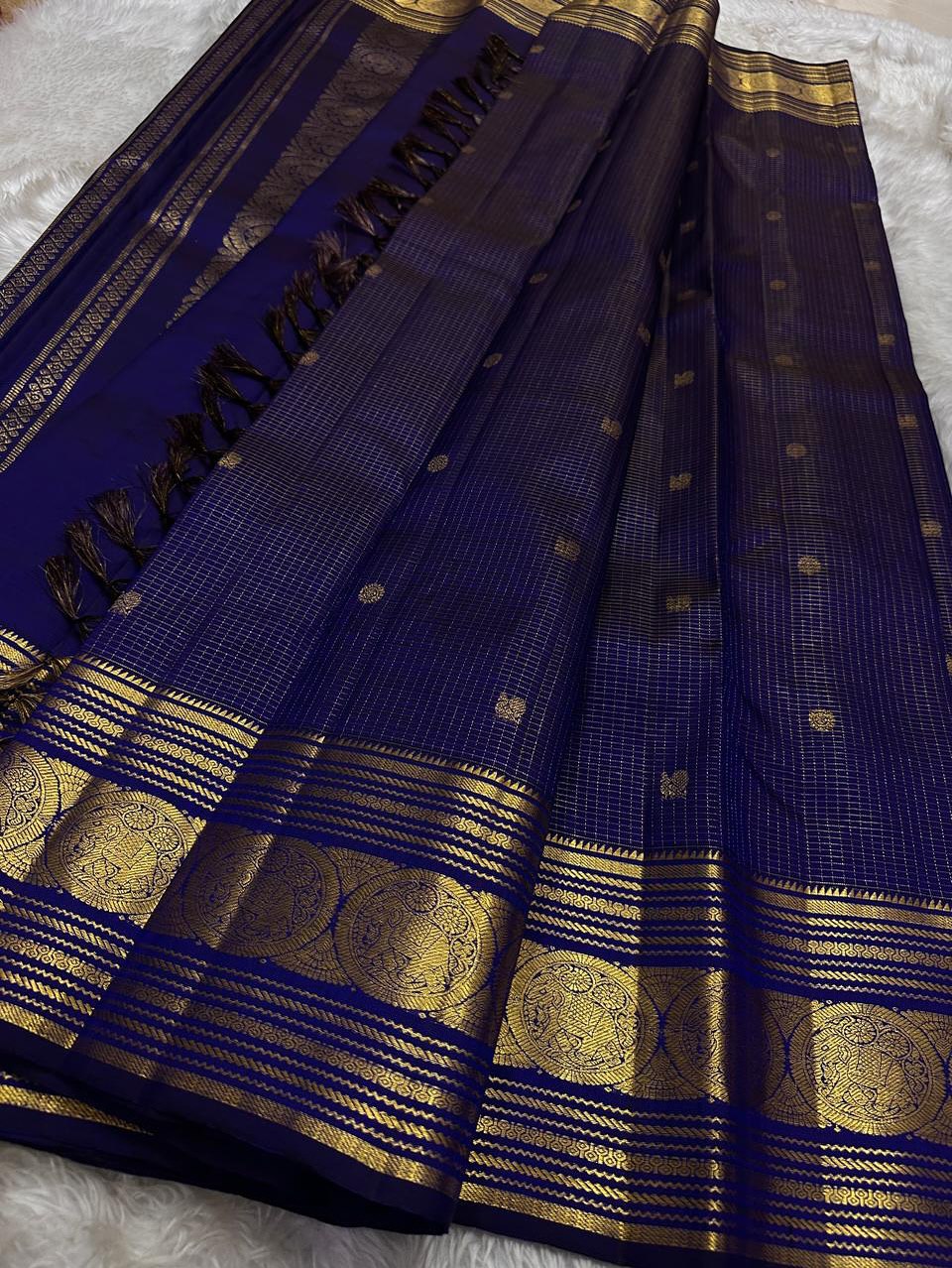 Ivory Saree with Royal Blue Gold Zari Border