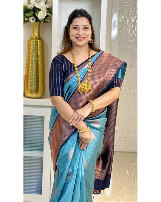 Sky Blue Silk Saree with Copper Zari Border