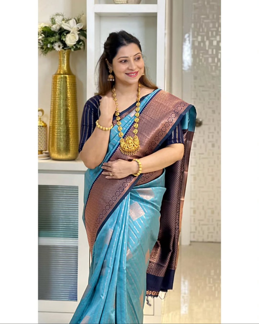 Sky Blue Silk Saree with Copper Zari Border