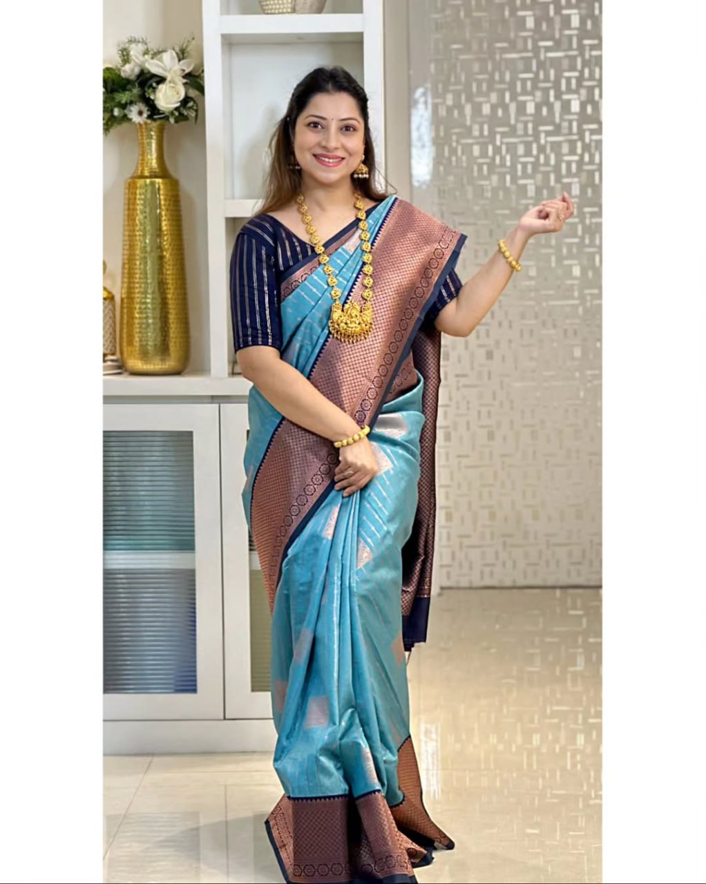 Sky Blue Silk Saree with Copper Zari Border