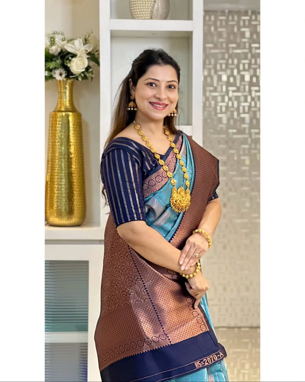 Sky Blue Silk Saree with Copper Zari Border