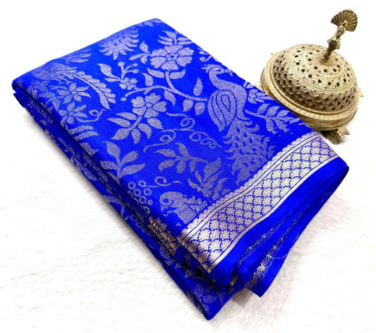 Royal Blue Silk Saree with Silver-Gold Woven Motifs