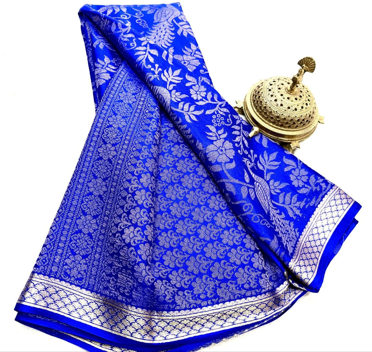 Royal Blue Silk Saree with Silver-Gold Woven Motifs