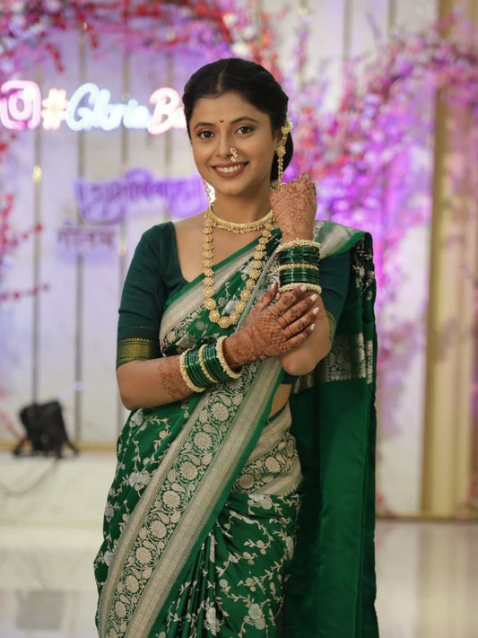 Emerald Green Silver Zari Floral Woven Saree