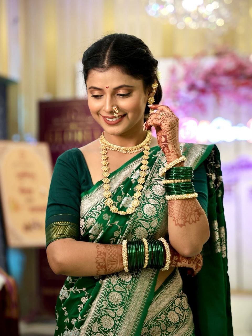 Emerald Green Silver Zari Floral Woven Saree