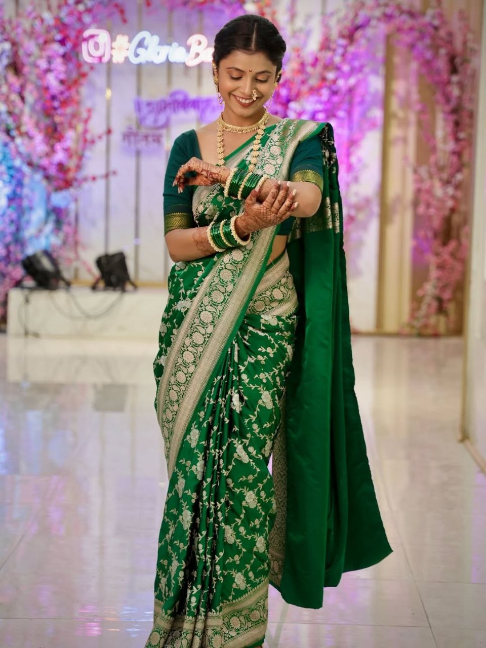 Emerald Green Silver Zari Floral Woven Saree
